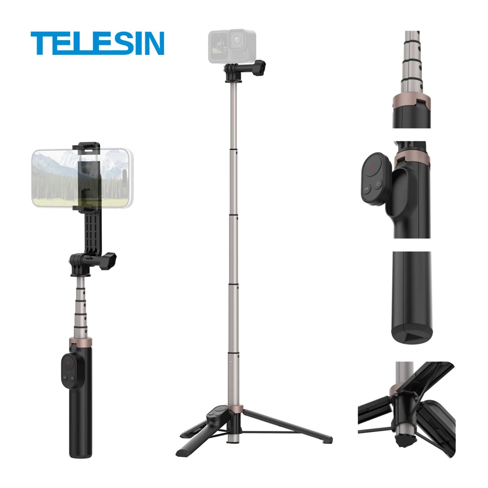 TELESIN Vlog Selfie Stick Treppiede con Telecomando Bluetooth da 80M per GoPro Insta360 DJI OSMO Action Camera e Smartphone