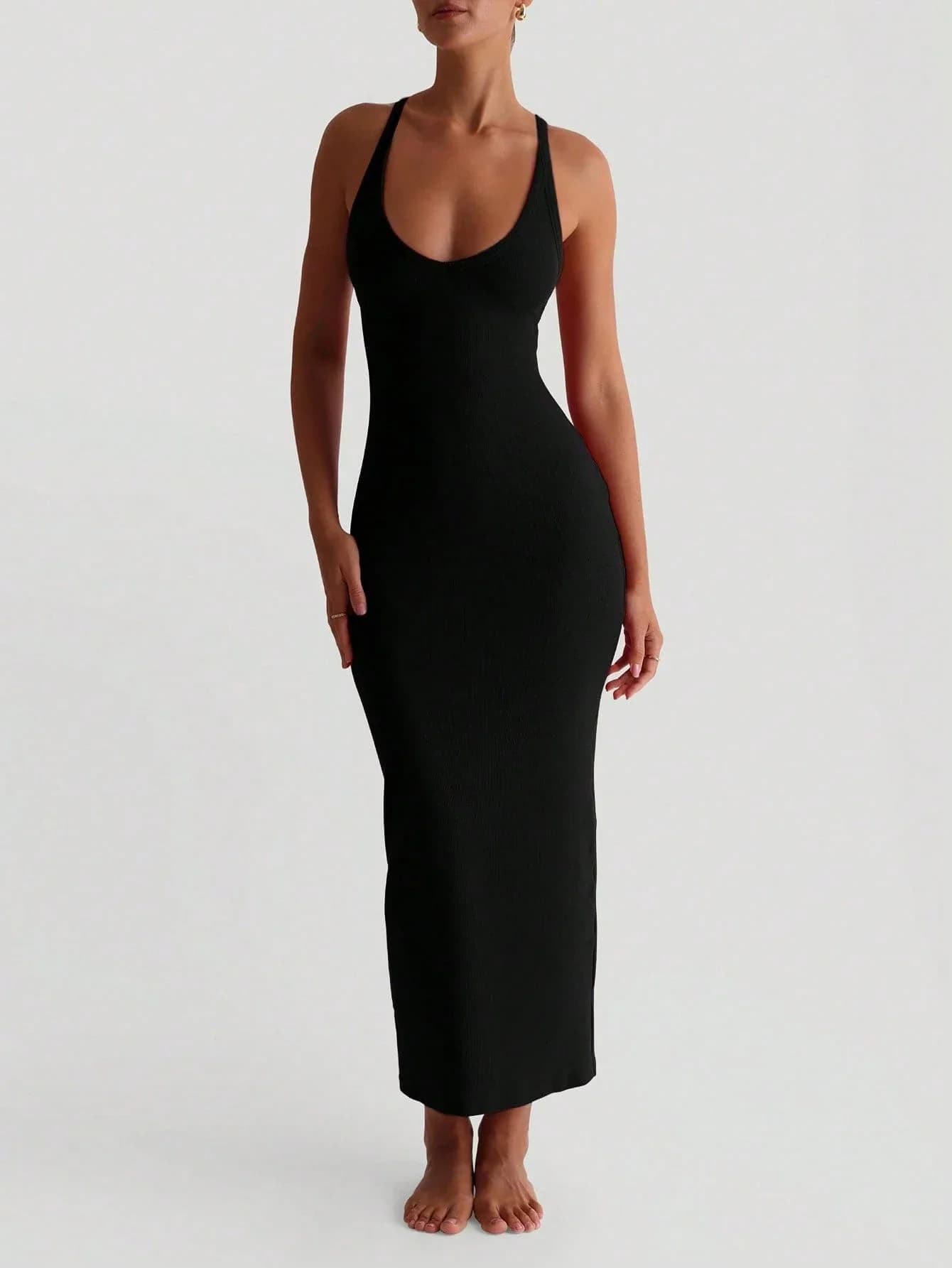 Abito Aderente Sexy con Scollo a V in Maglia, Schiena Incrociata, Elasticizzato, Nero, Elegante per Feste