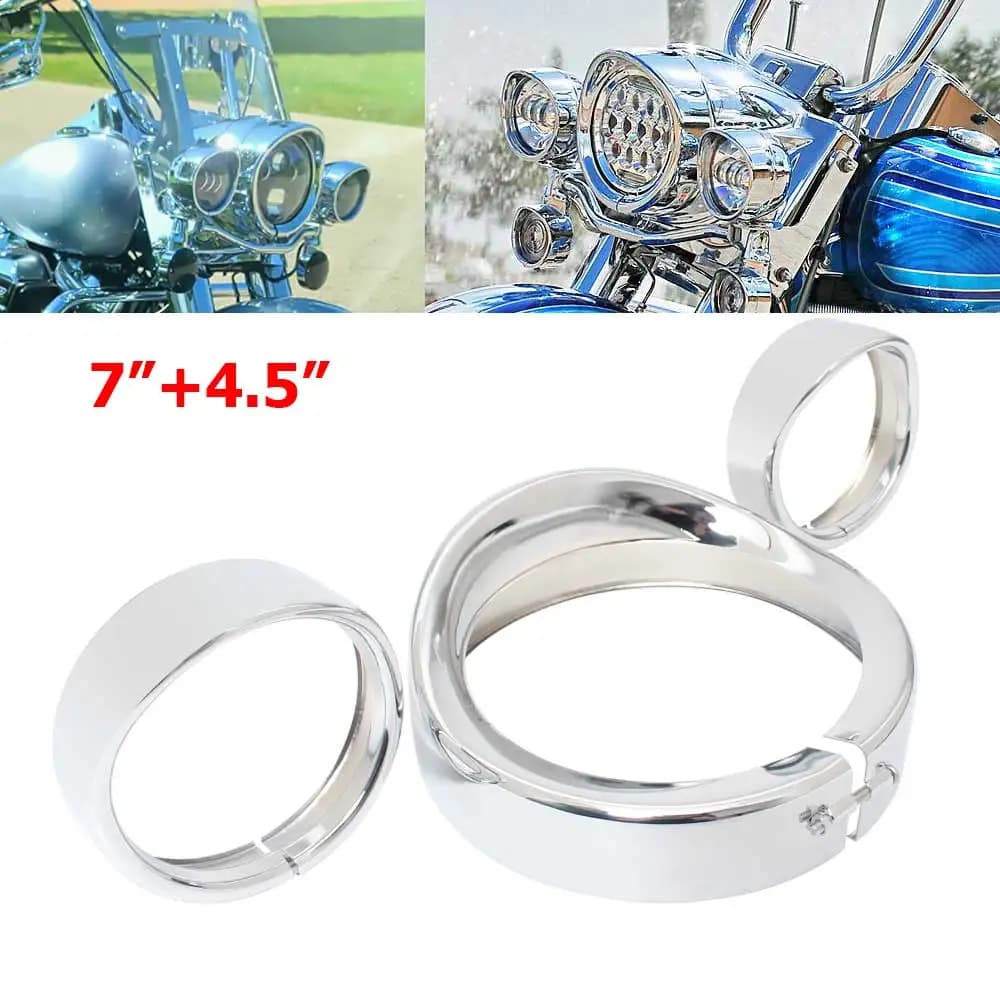 Motorcycle Chrome 7" Headlight Trim Ring+4.5" Fog Light Cover For Harley Touring Electra Street Glide Road King Softail
