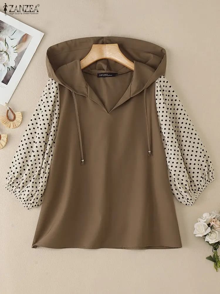 Camicette con cappuccio moda donna Autunno Polka Dot stampato Patchwork Manica a 3/4 Lanterna Casual Top larghi ZANZEA Abbigliamento donna S-3XL
