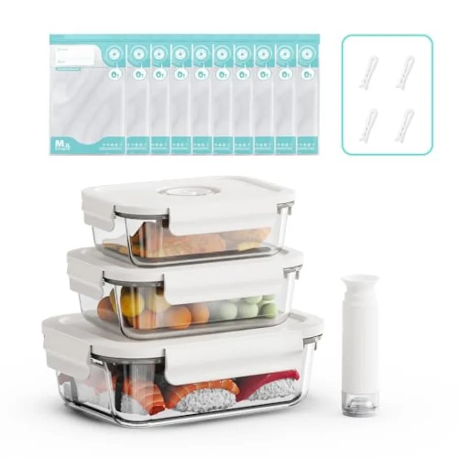 Contenitori in Vetro per Alimenti con Chiusura Sottovuoto, 3 Contenitori con 10 Sacchetti Sous Vide / 1 Pompa Manuale, Contenitore per Preparazione Pasti con