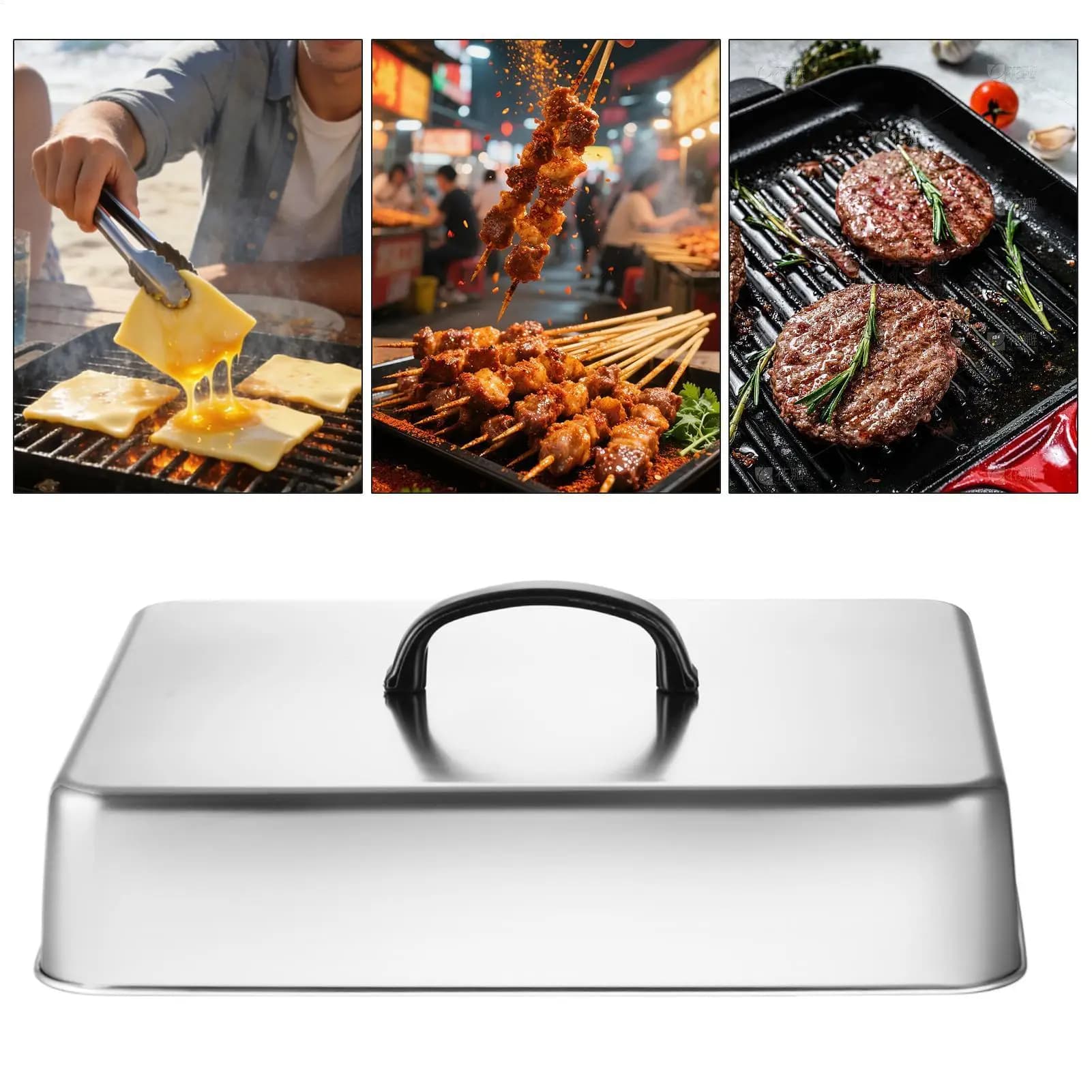 Coperchi per padelle in acciaio inossidabile, coperchi per barbecue, hamburger, sandwich, bistecche, coperchi per pentole, coperchio rettangolare per griglia, cupola per sciogliere il formaggio