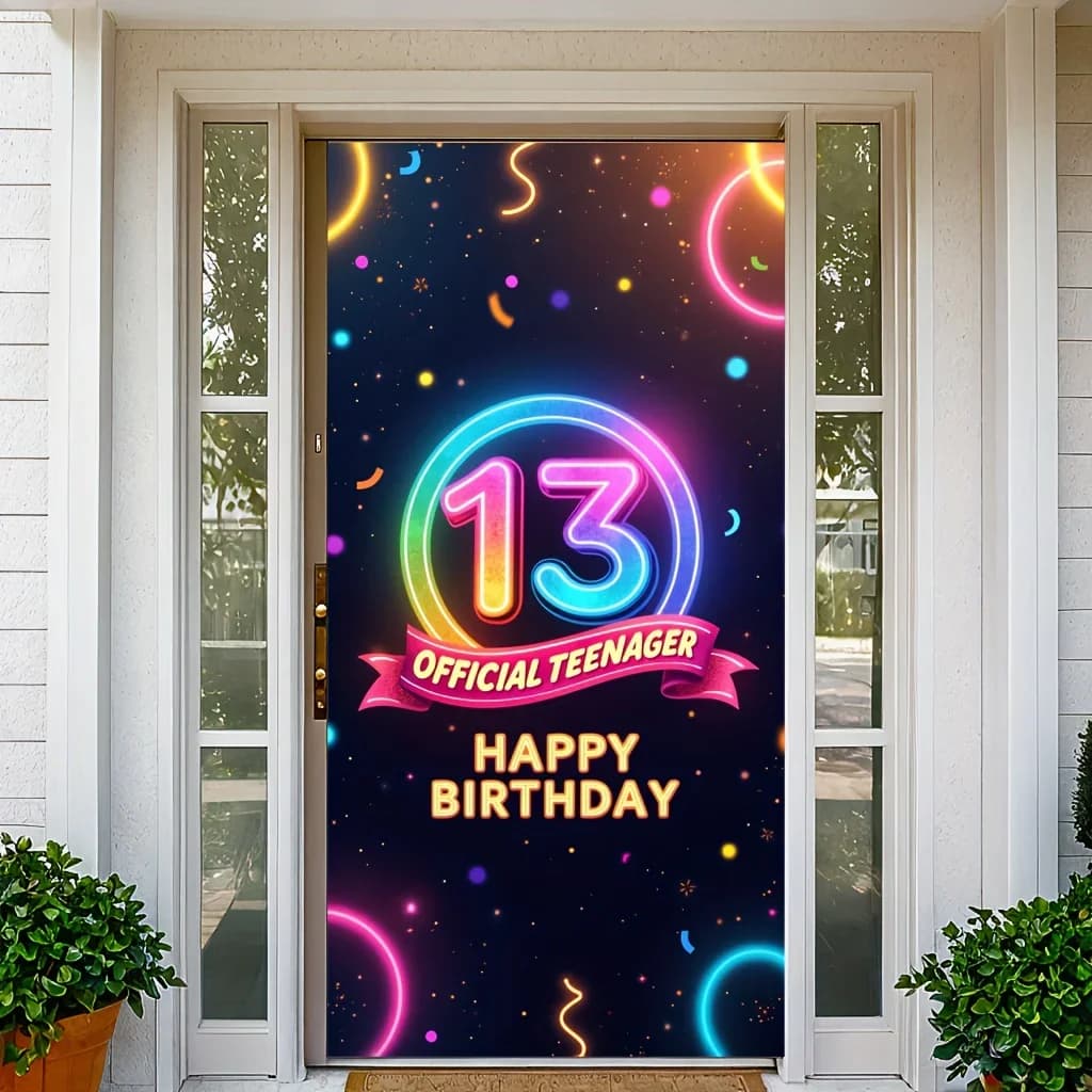 Neon Light 13th Birthday Party background banner - Bright and colorful neon light and balloon design, polyester event decoration