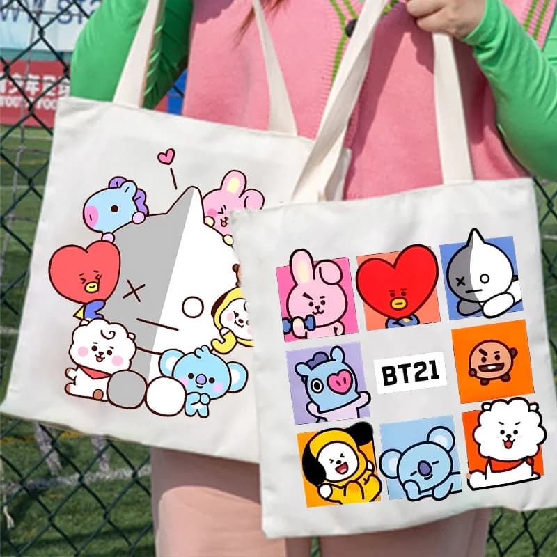 BT21 Canvas Bag COOKY TATA Kawaii Cartoon Daily Daypack Lightweight Shopping Pouch Women Men Casual Popular Shoulder Bags Gift