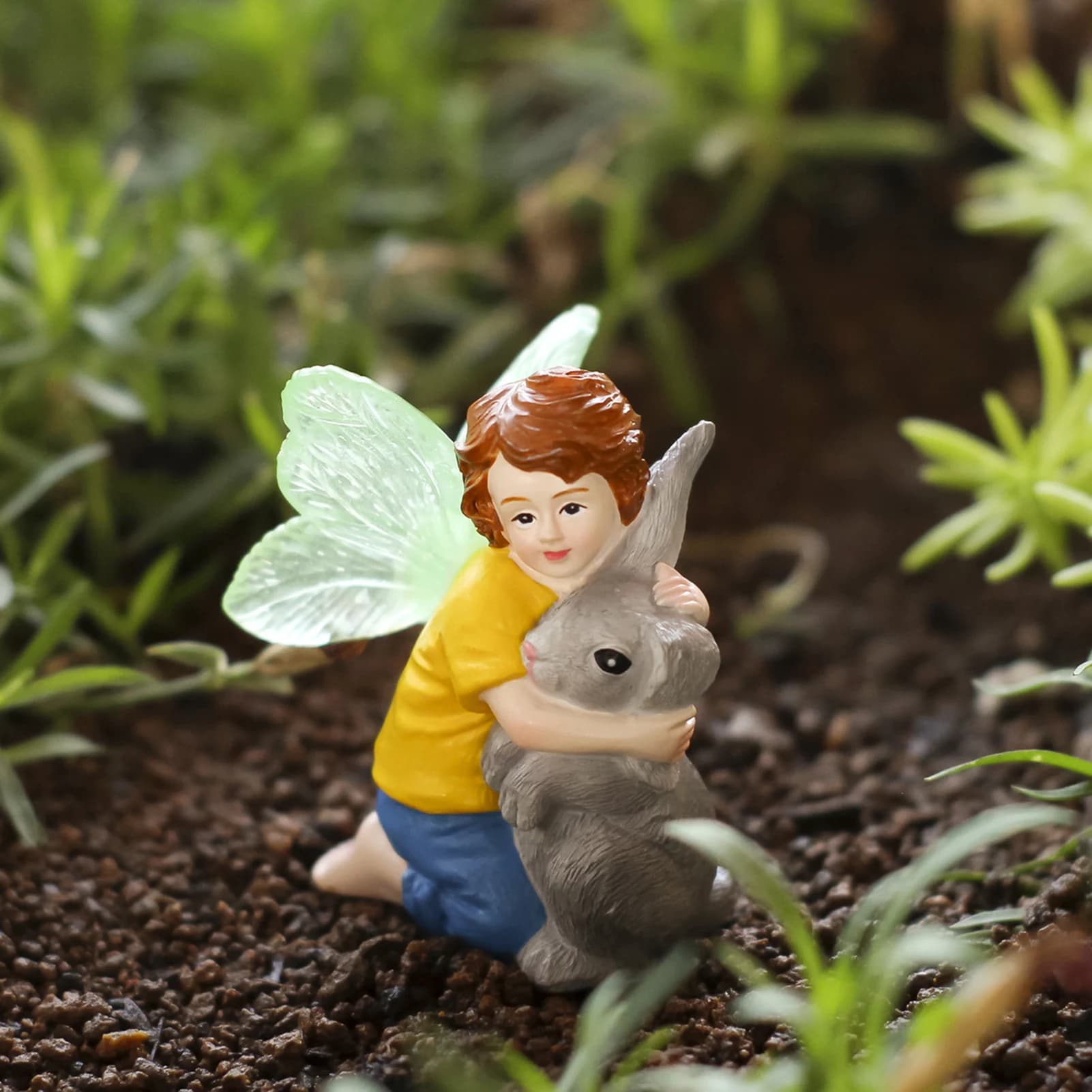 Resin Boy Rabbit-Planter Outdoor Garden Lawn Decoration Ornament With Flower Pot Function Weather Resistant Design