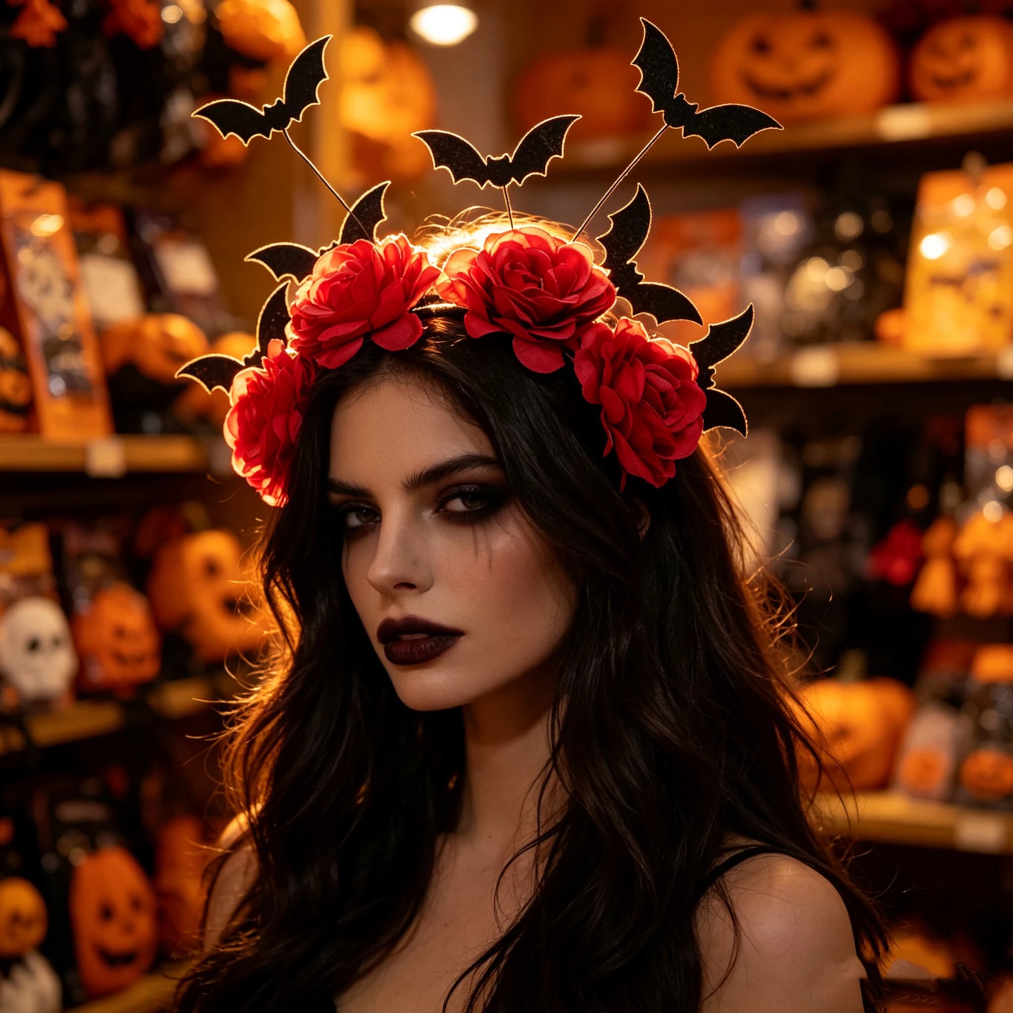 Halloween Red Rose Bat Headband, Glittery Black Bat and Realistic Red Flower Headpiece, Gothic Ghost Bride Party Cosplay Atmosphere Headband