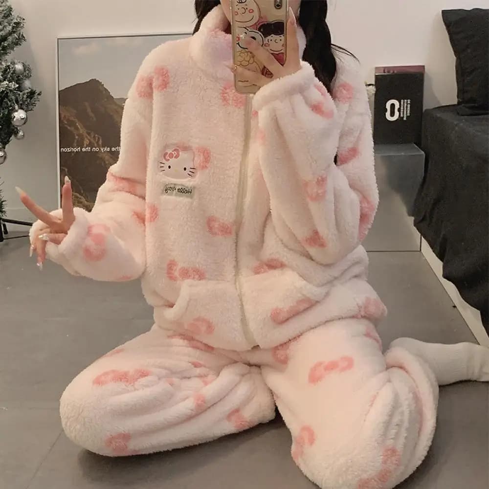 Set Pigiama Caldo da Donna Hello Kitty Kawaii Autunno Inverno, Abbigliamento da Casa con Cerniera, Cartone Animato, Top e Pantaloni Carini per Ragazze