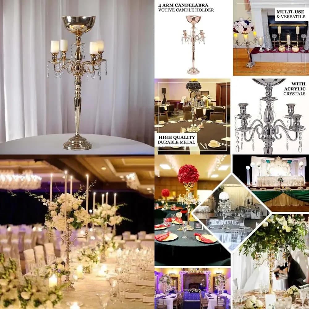 Portacandele votivo con lampadario alto in metallo lucido dorato per centrotavola per matrimoni, elegante decorazione con braccio da 33 pollici