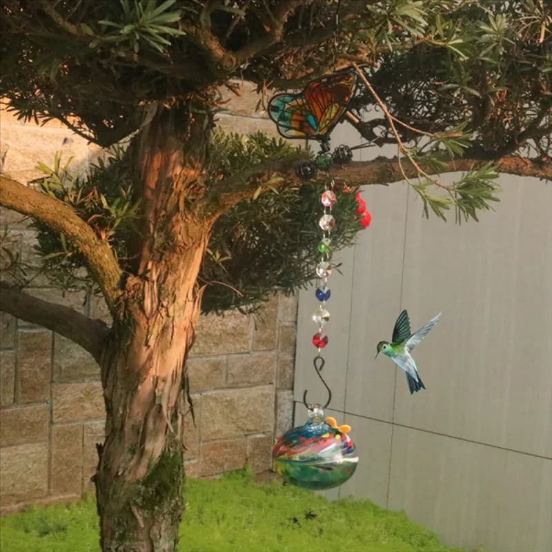 AEE3-Charming Wind Chimes Hanging Bird Feeder With Flower Shape Feeding Ports 2 Pcs