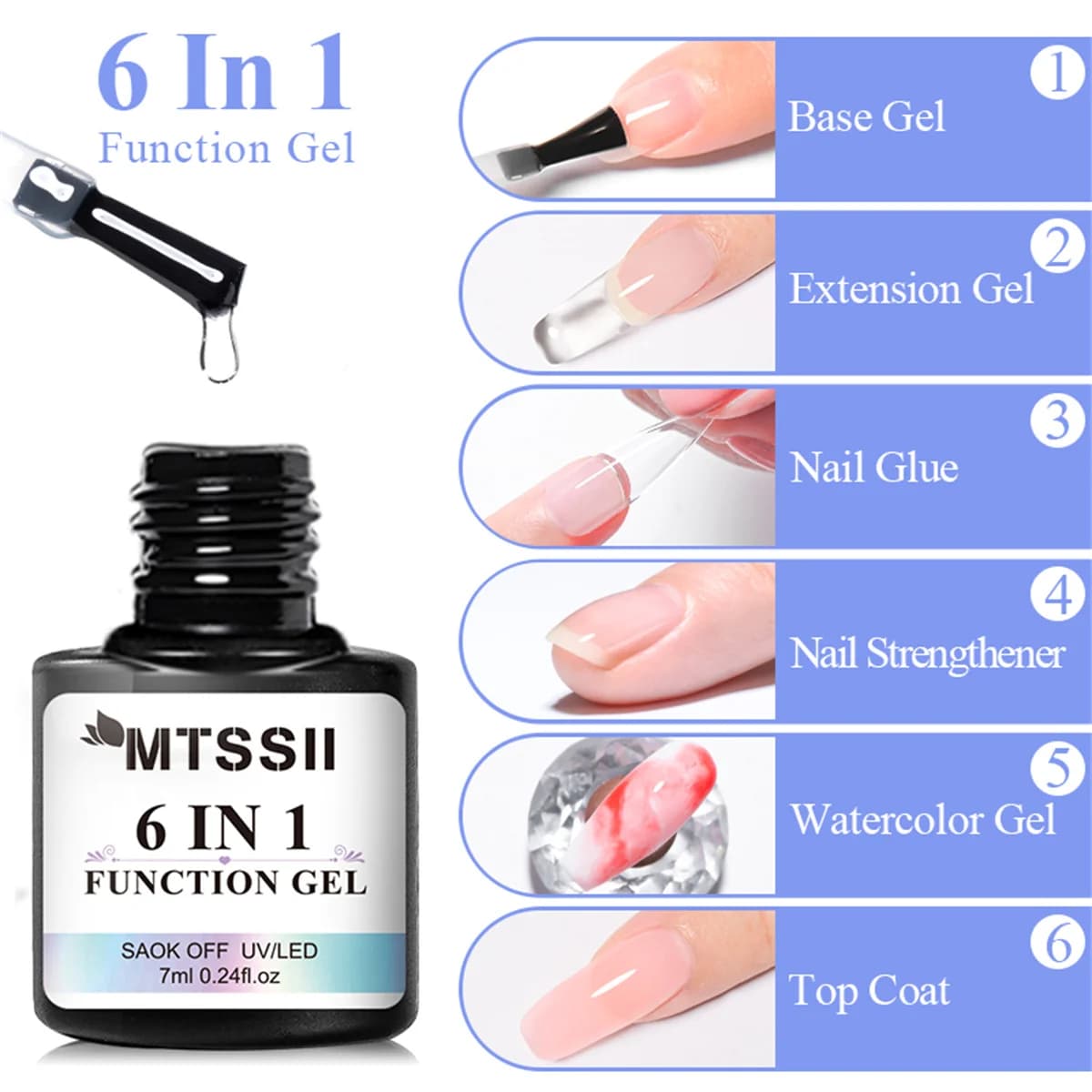 Gel colla per unghie 6 IN 1 per unghie acriliche Soak off Gel base Top Coat Estensione UV Gel per unghie Punte per unghie finte Gel, Adesione duratura