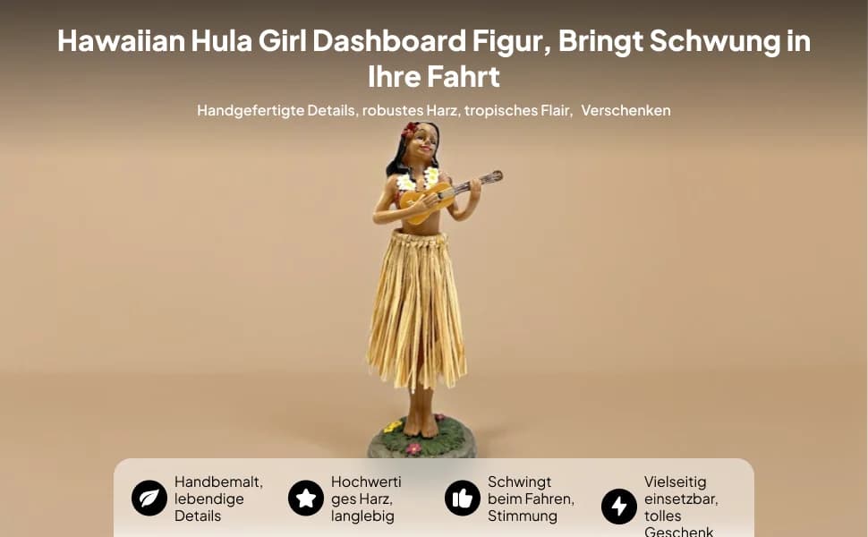 Ragazza hawaiana che gioca con una statuetta di ukulele tradizionale dipinta a mano per cruscotto dell'auto, decorazione per la casa, per libreria versatile
