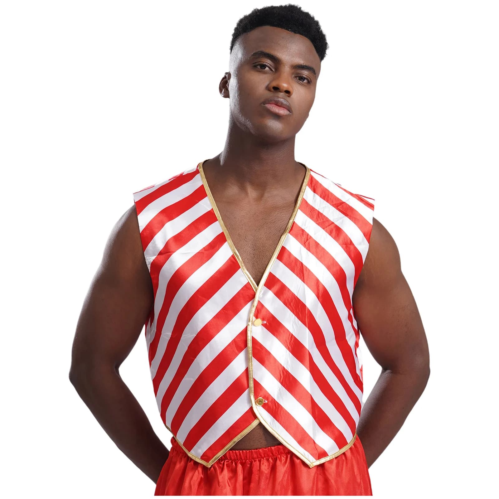 Gilet da uomo a righe natalizio con bastoncino di zucchero, scollo a V, orlo a punta, giacca a righe, gilet, top, carnevale, festa di Natale, costume da Babbo Natale