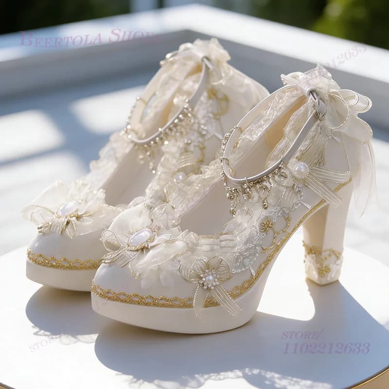 Sandali Lolita con Tacco Basso e Grosso, Decorati con Pizzo Bianco, Perline di Cristallo Rosa, Tacco a Balze, Scarpe Dolci da Donna per Feste