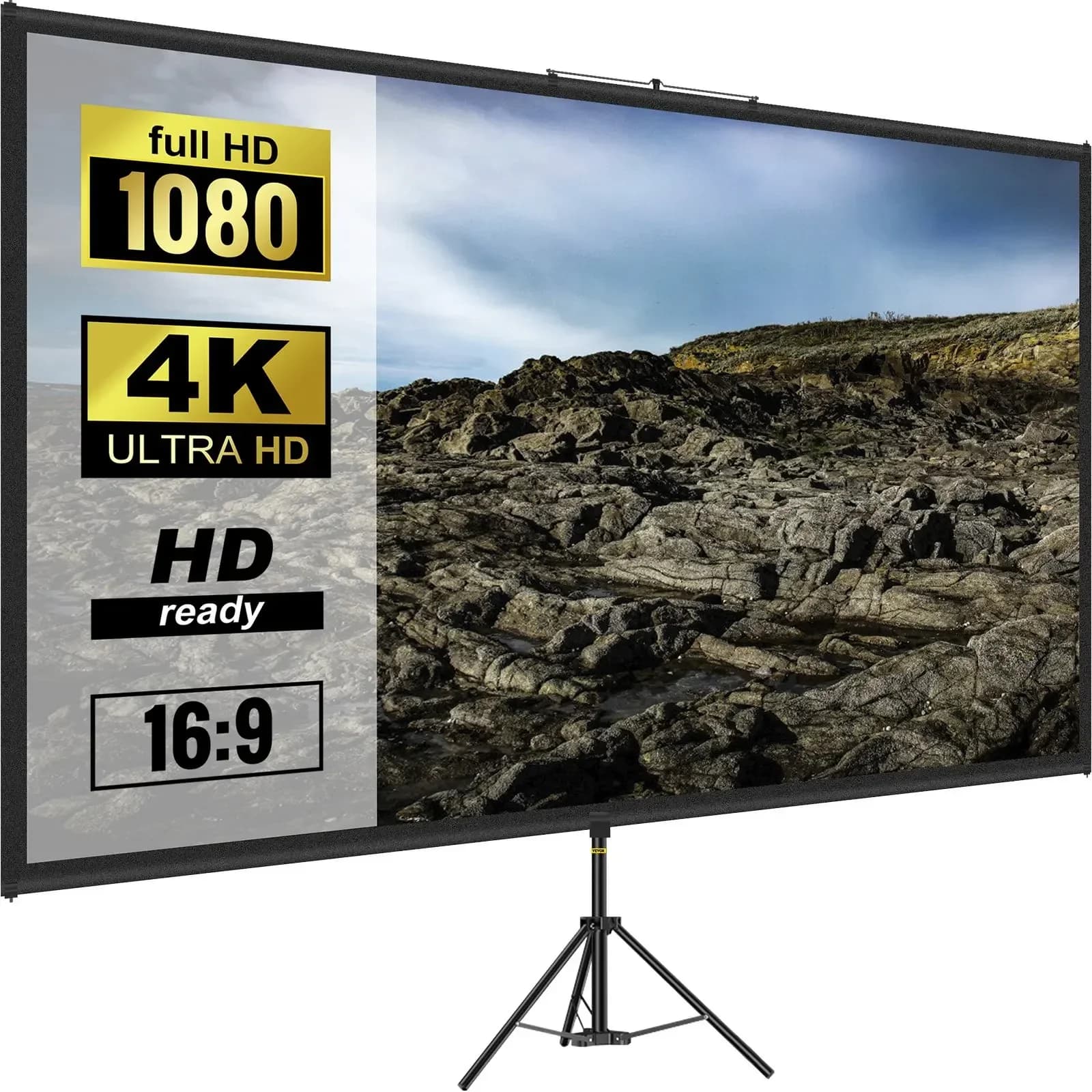 Tripod Projector Screen With Stand 90 Inch 16:9 4K HD Projection Screen Stand Wrinkle-Free Height Adjustable Portable Screen