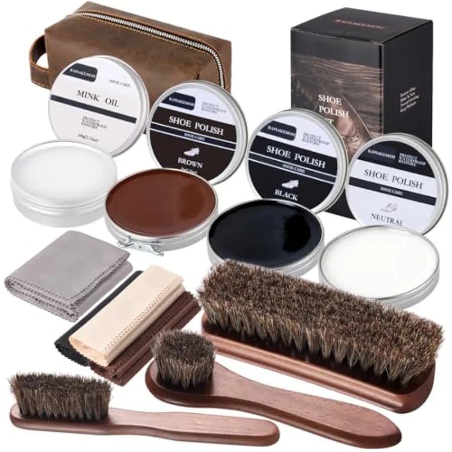Kit per la cura delle scarpe, kit lucidascarpe con spazzola in crine di cavallo per uomo, kit lucidascarpe e spazzole per la cura di scarpe e stivali
