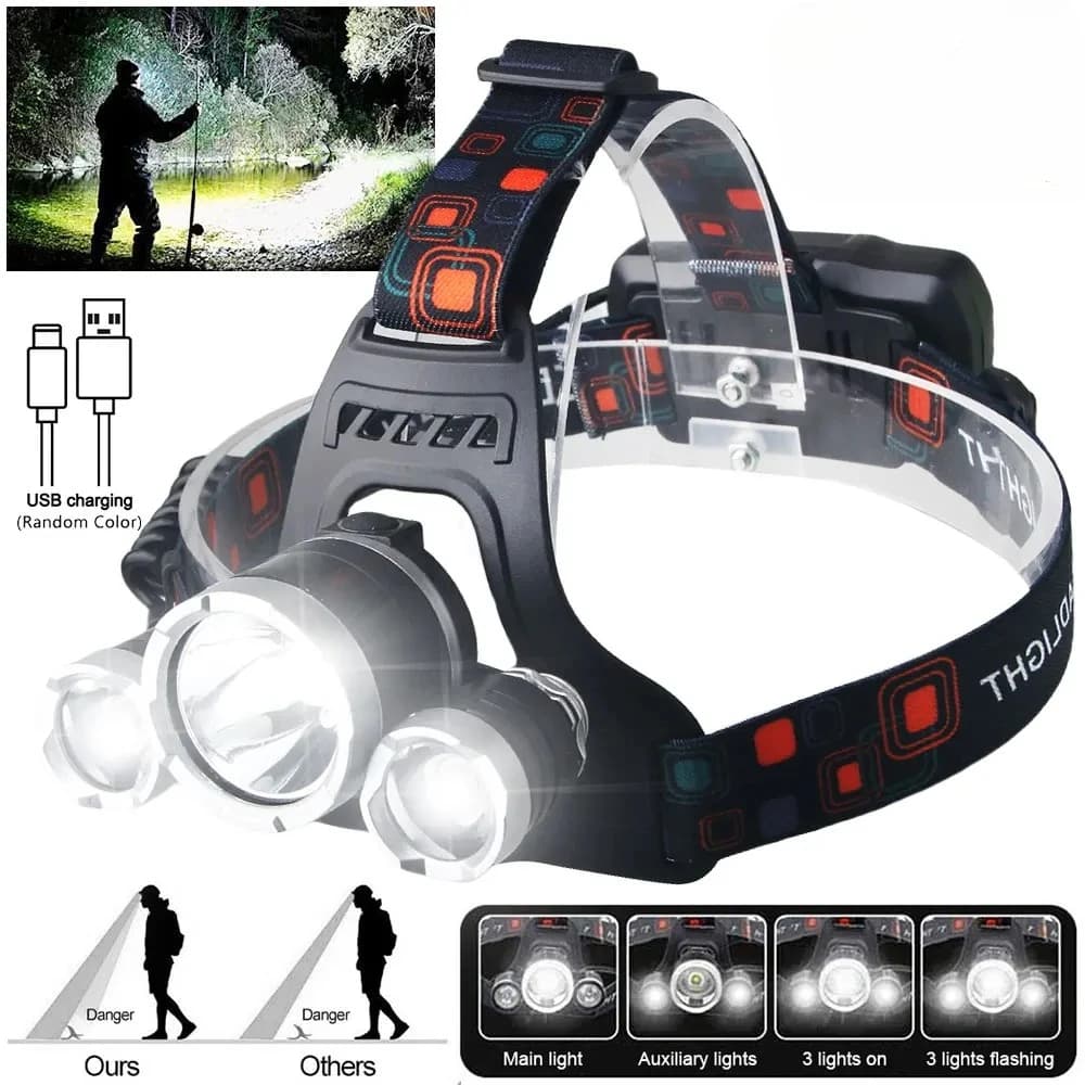 18650 high power LED front torch with rechargeable battery 90 ° Adjustable torch for outdoor lighting, camping, fishing, hiking