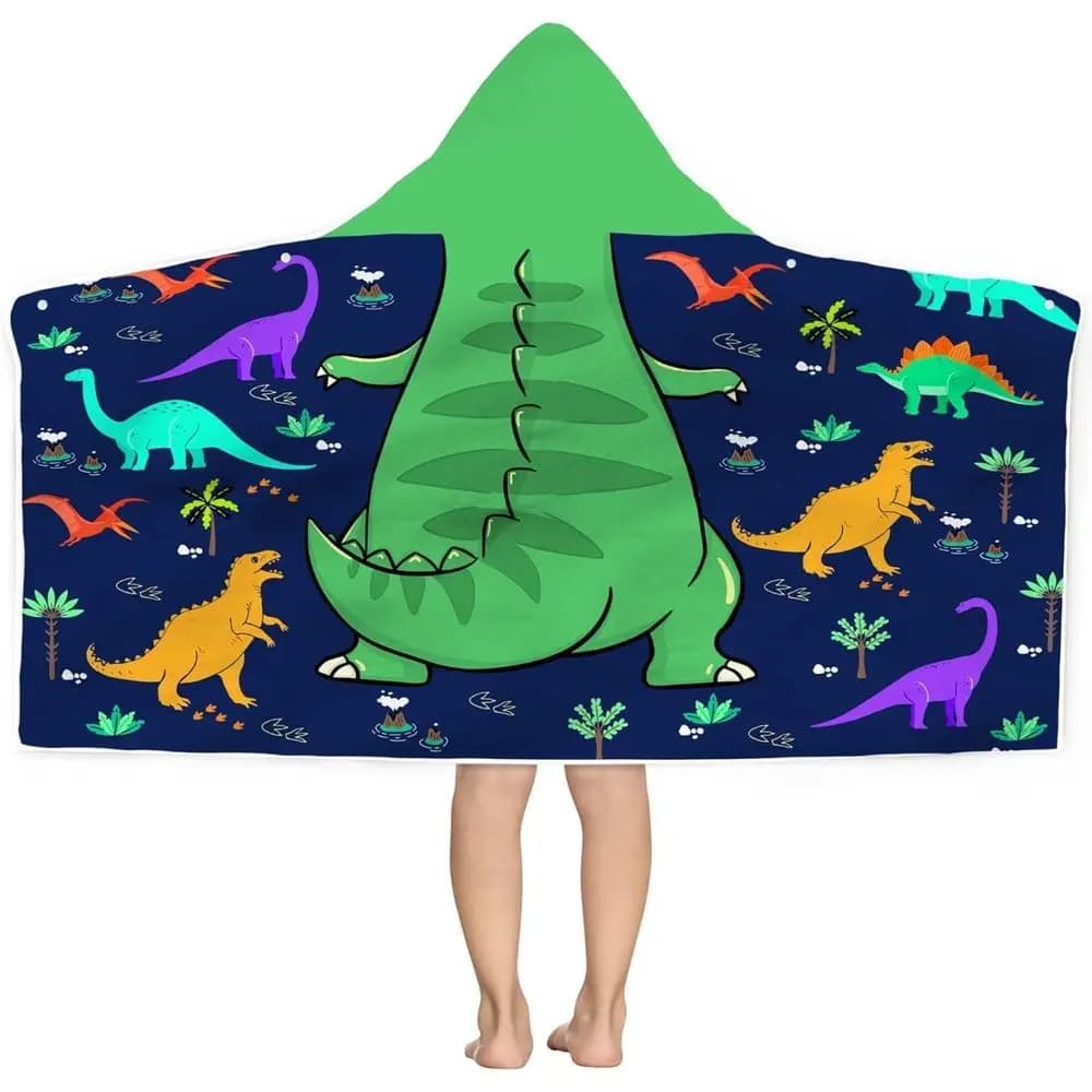 Asciugamano da Spiaggia con Cappuccio a Tema Dinosauri per Bambini, Poncho in Microfibra 30x50 con Cartoni Animati, Ideale per Piscina e Regali di Compleanno