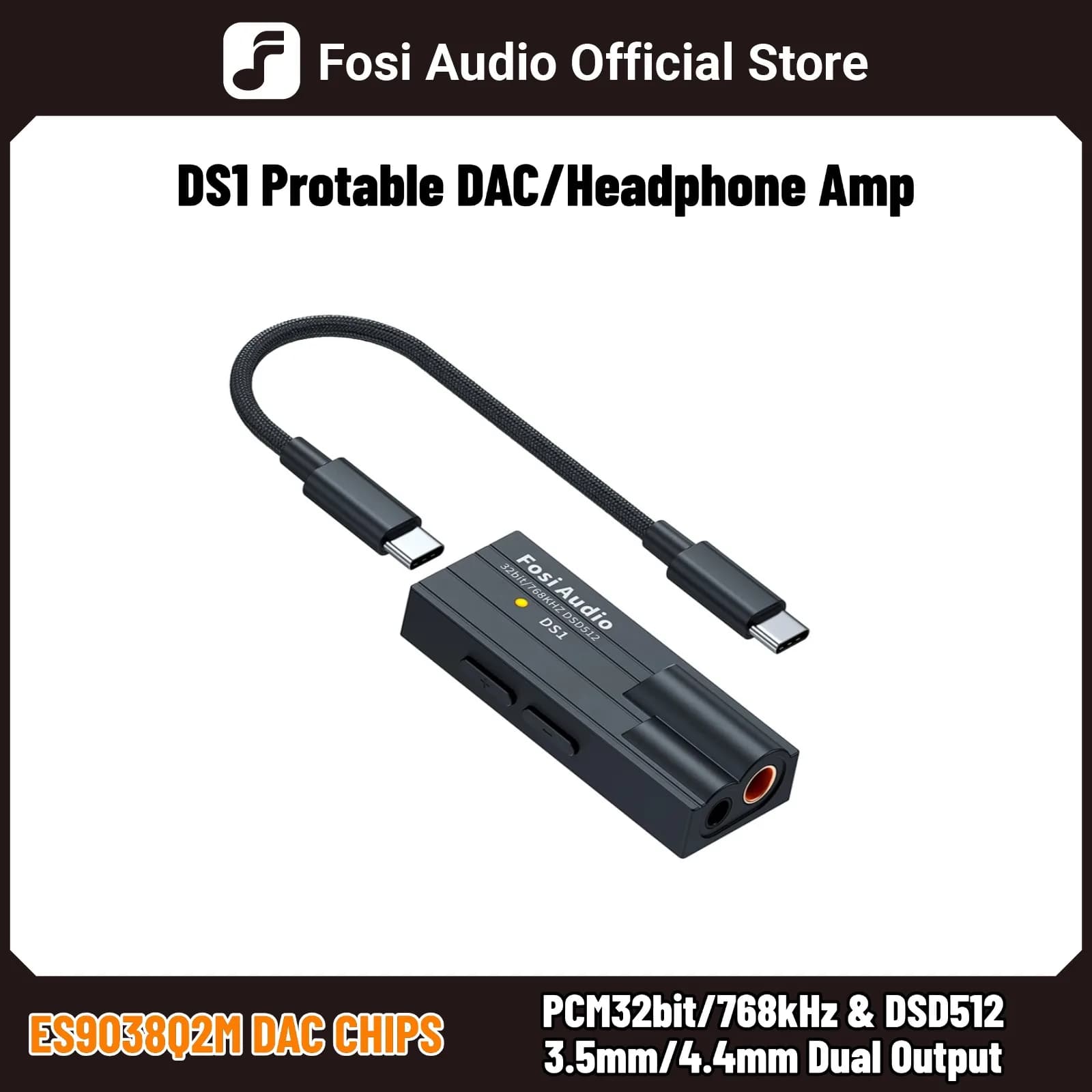 Fosi Audio DS1 DSD512 HiFi USB DAC Dongle Amplificatore per cuffie Amp Mini decodificatore audio Supporto 32 bit/768 kHz con 4,4 mm bilanciato