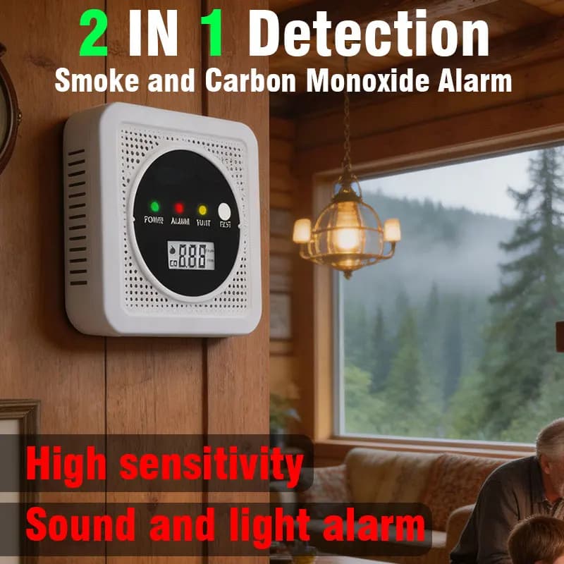 2-in-1 Smoke and Carbon Monoxide Detector with LED Display, Suitable for Home and Camping Use. Carbon Monoxide Alarm Powered by