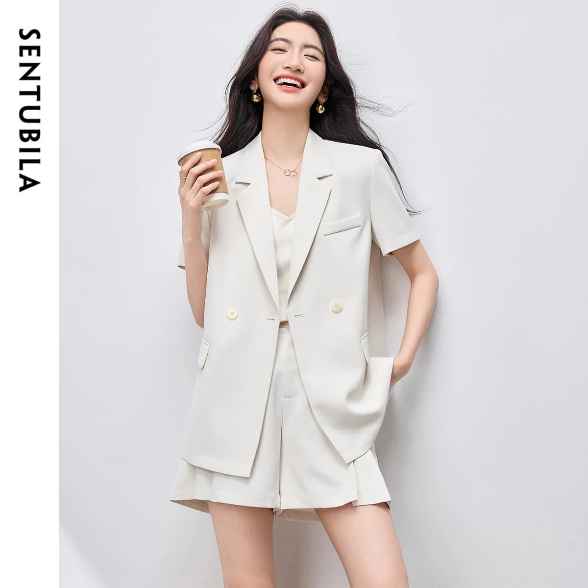 Completo Estivo da Donna SENTUBILA 2 Pezzi: Blazer a Maniche Corte e Pantaloncini a Vita Alta - Nuovo Completo Casual da Ufficio 2026 152Z59326
