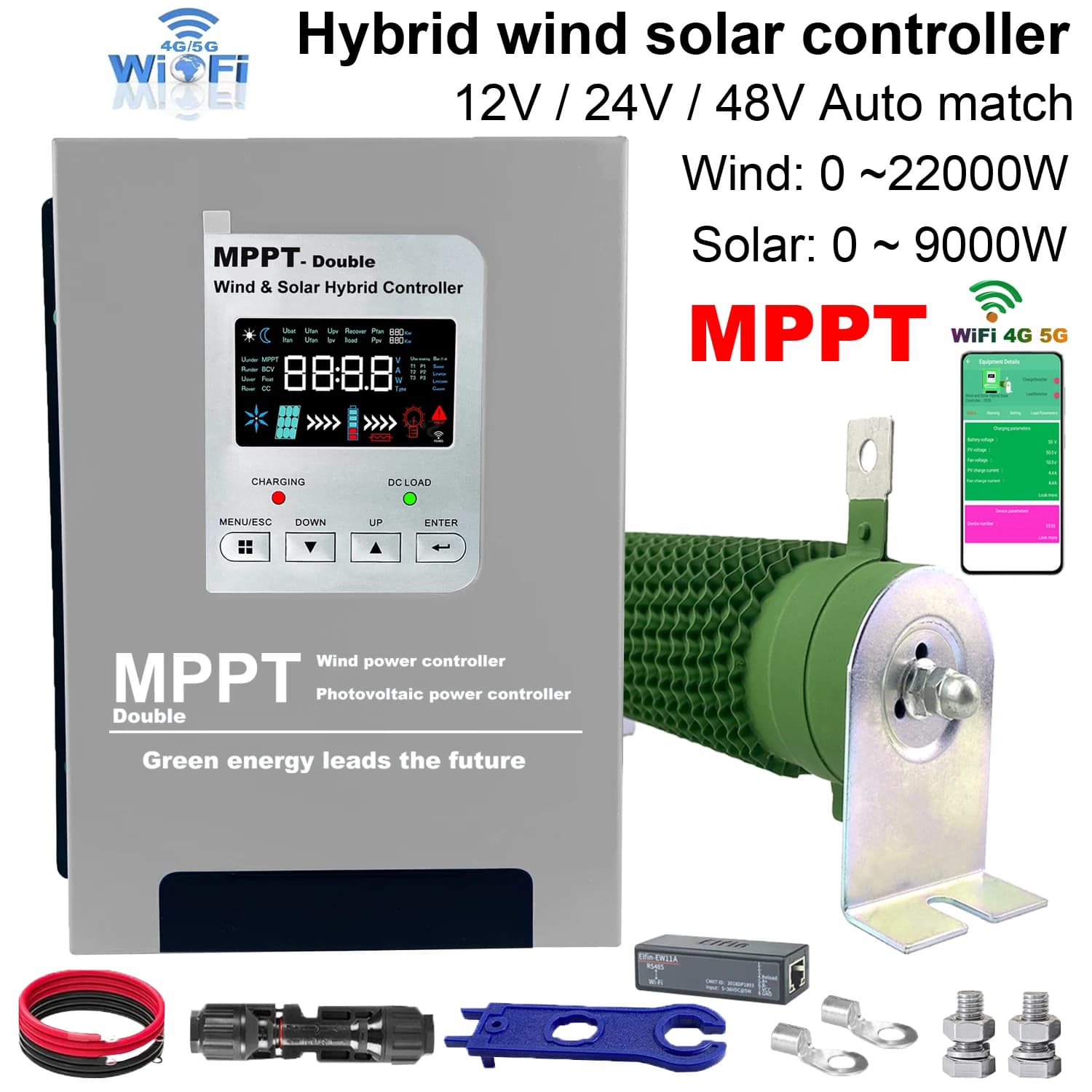 Regolatore di Carica Ibrido Eolico-Solare da 5000W con Scheda MPPT Reale e Monitor WiFi, Regolatore per Pannelli Solari LiFePO4 con Equalizzatore