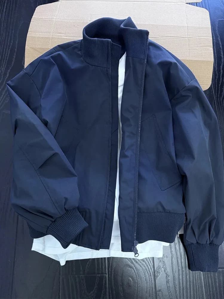 Cleanfit Royal Blue Men's Short Bomber Jacket Spring Fashionable American Style Zipper Closure Stand Collar Flight Jacket