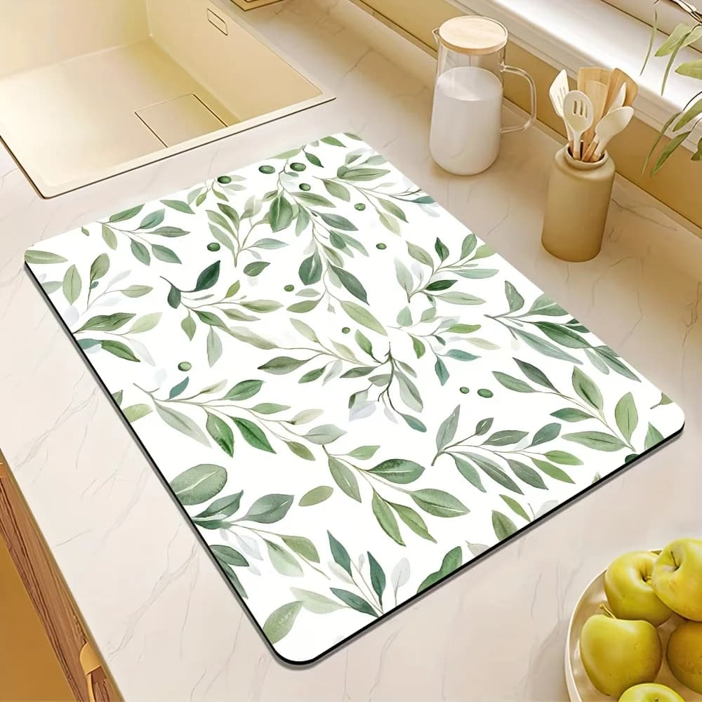 Tappetino per asciugare i piatti a tema foglie di eucalipto, antiscivolo, resistente al calore, in gomma, per piano di lavoro della cucina, per macchine e accessori da bar
