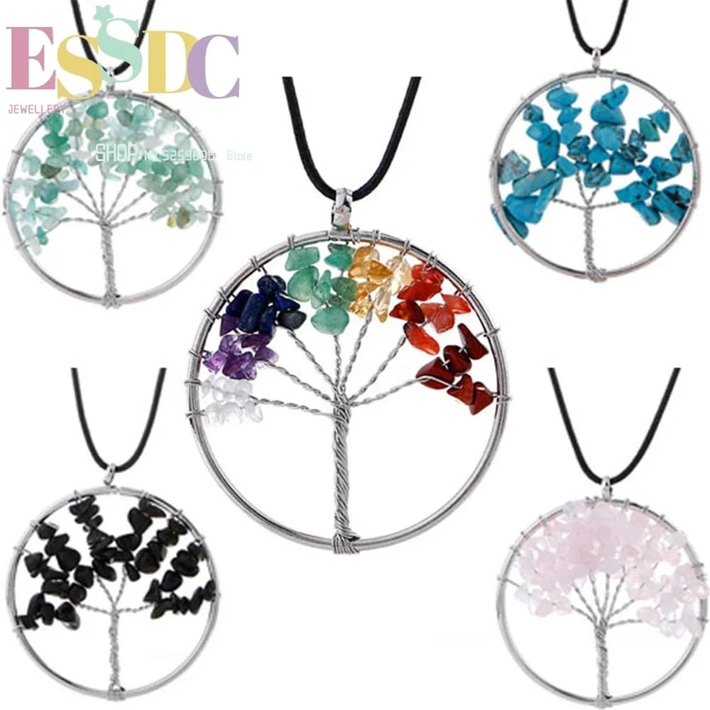 Collana con pendente a pendolo in cristallo naturale 7 Chakra all'ingrosso Yoga Albero della vita Guarigione Pietra di quarzo Regalo da donna + Catena in pelle