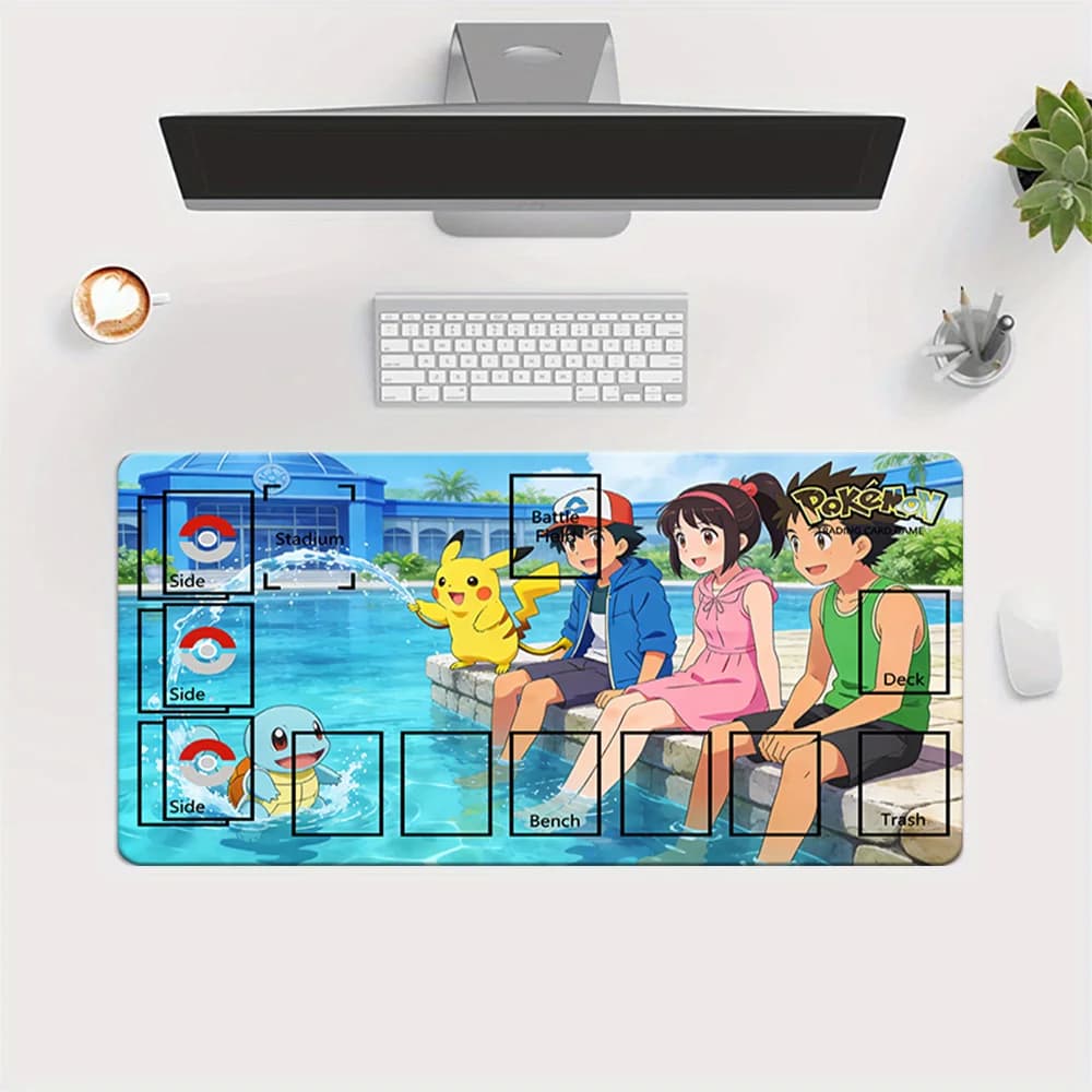 Tappetino da gioco TCG Pokemon Ash Friends and Squirtle Pool Party con zone per carte complete, tappetino per mouse da gaming e tappetino da scrivania