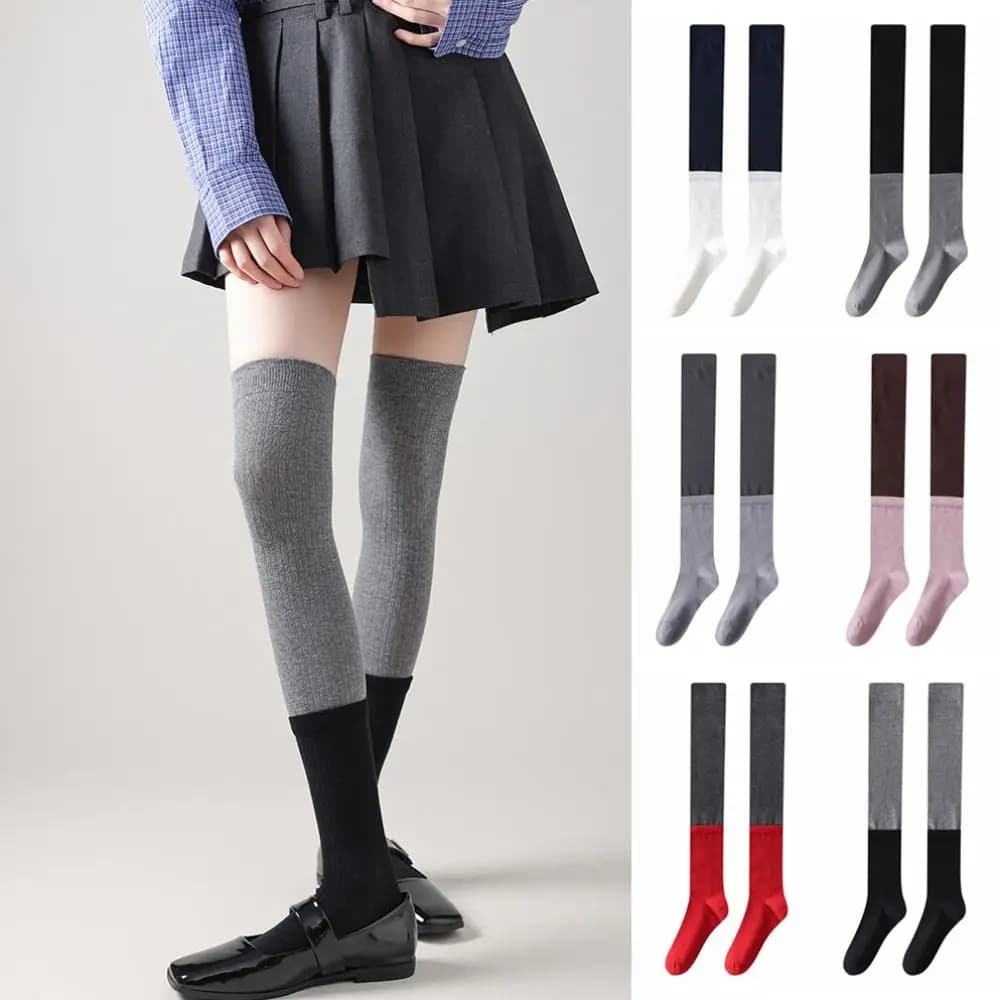 Calze lunghe sopra il ginocchio in stile giapponese JK Lolita con patchwork semplice, calze a tubo lungo, calze al ginocchio, calze al polpaccio, stile college