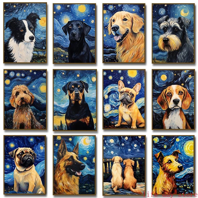 Funny Dogs Starry Night Van Gogh Canvas Painting stampa astratta LabradorFrench Bulldog poster Wall Art Pictures Home Decor