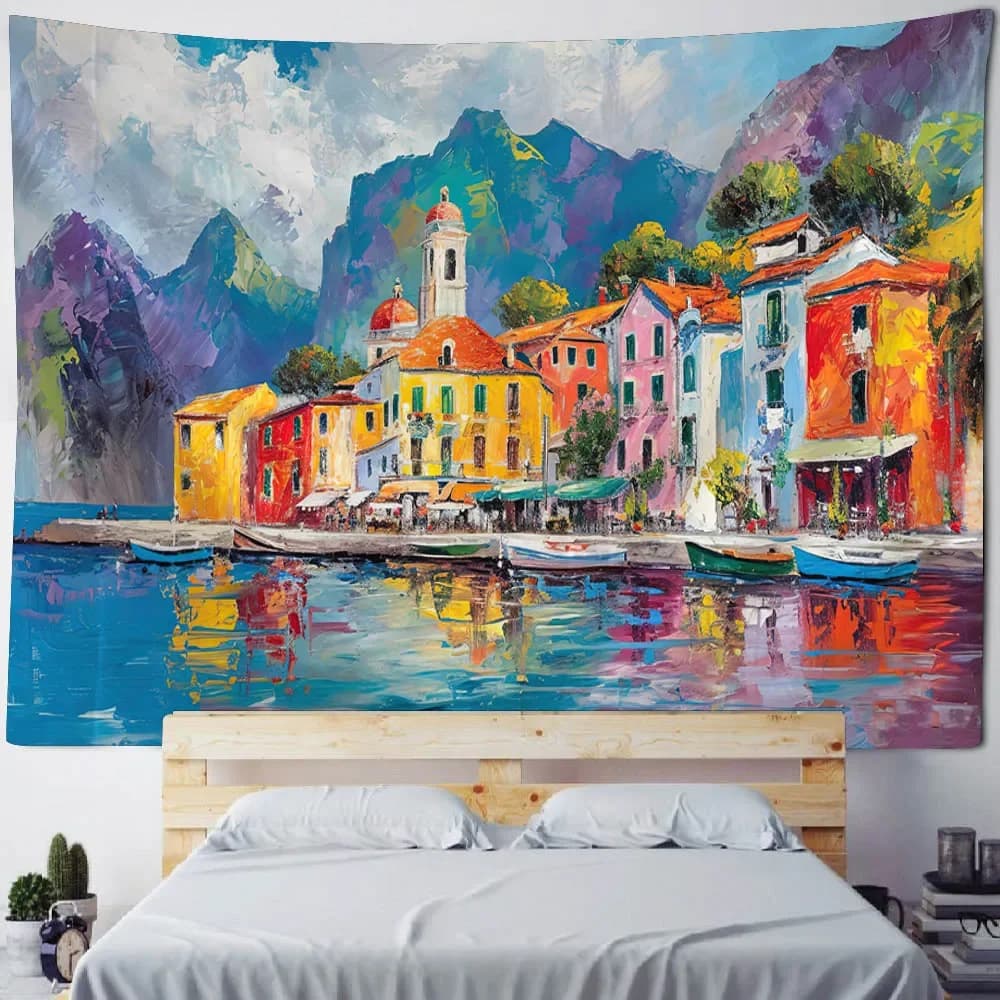 Sea view oil painting printed tapestry hanging wall living room bedroom wall decoration outdoor picnic bed linen beach mats