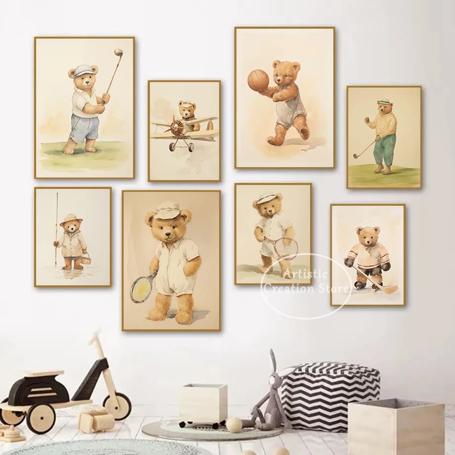 Poster su Tela con Orso Carino in Stile Boho Acquerello, Arte Murale per Cameretta Bambini, Decorazione per Casa e Stanza dei Bambini