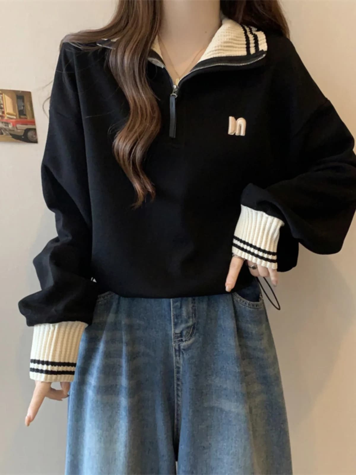 Black Collar Long Sleeve Hoodie Women's Spring New Large Size Loose Slimming Half Zip Casual Top Korean Style Streetwear