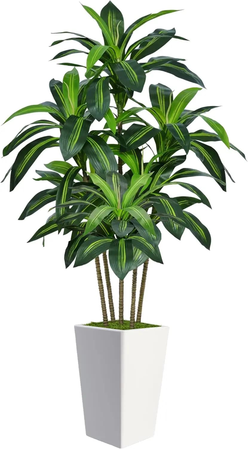 Dracena Artificiale da 180 cm con Vaso Alto Bianco, Pianta Finta Realistica per Arredamento Casa e Ufficio