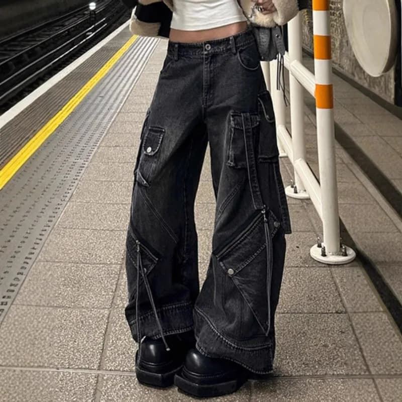 High Waisted Jeans Wide Leg Pants Women Streetwear High-Waist American Retro Multi-Pocket Washed Hip-Hop Pants