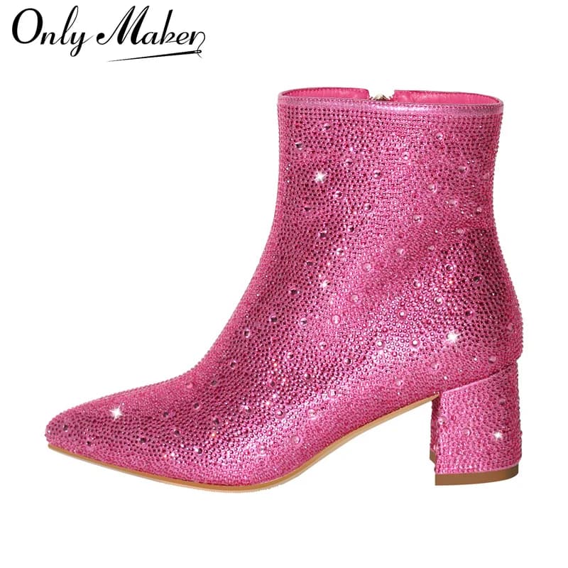 Onlymaker Women Ankle Boots Pink Rhinestone Glitter Bling Shiny Super Pretty Sparkly Gorgeous Chuny Heel Booties