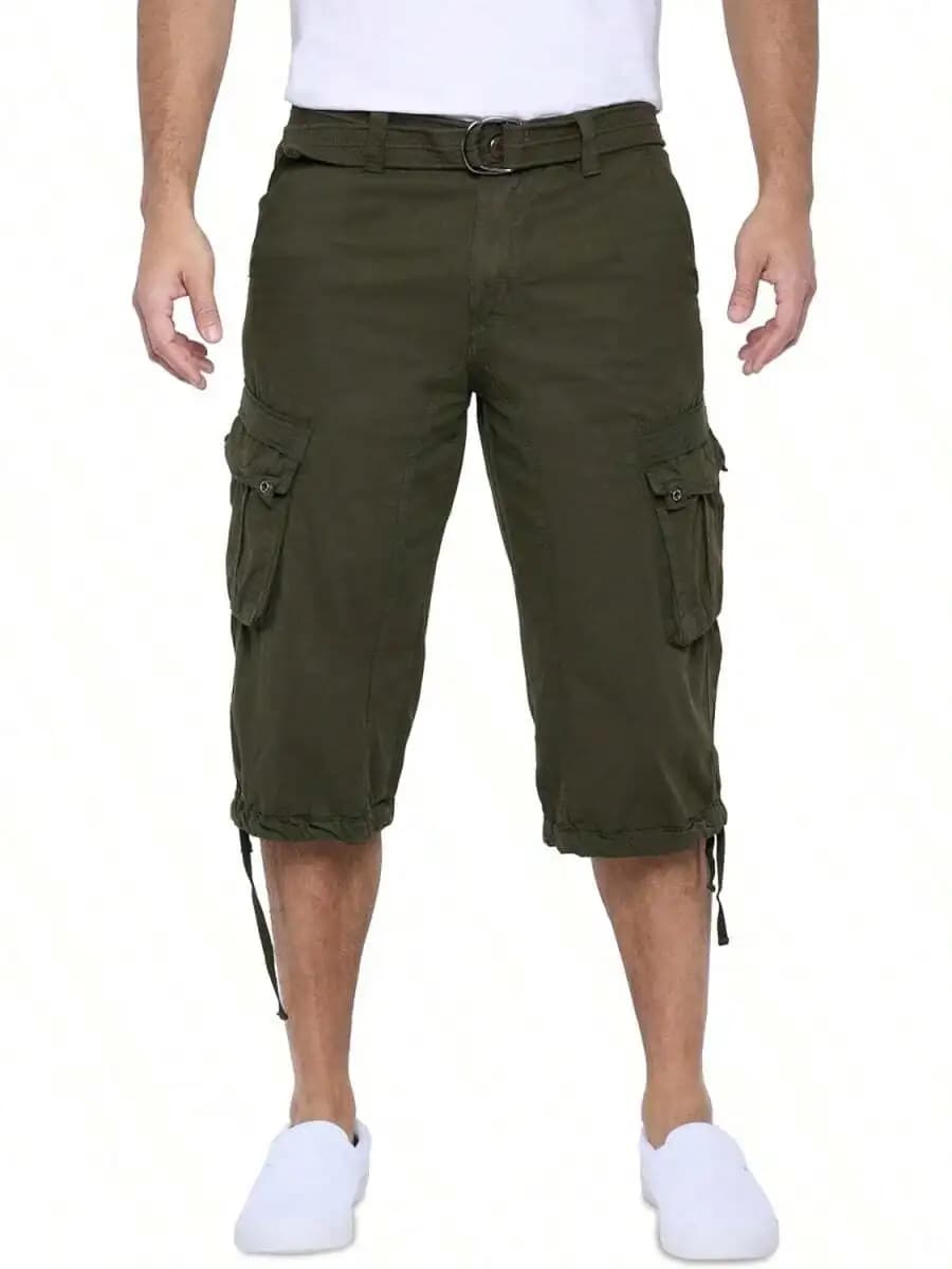 Mens Belted Cargo Shorts Below Knee Length 3/4 Pants Cotton Casual