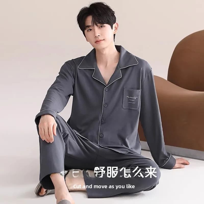 Pigiama da uomo in cotone a maniche lunghe, set casual sottile per casa, abbigliamento autunnale giovanile indossabile anche all'aperto, tuta comoda per il tempo libero