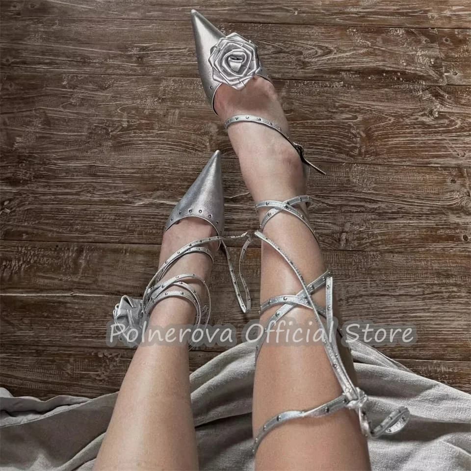 Women's high heel sandals with ankle cross strap, pink decoration, tip toe, with rivets and laces, Lolita style, for parties and events