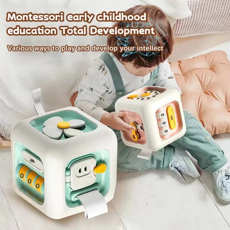 Giocattoli Educativi Montessori per Neonati, Cubo Multifunzione 6 in 1 per Sviluppo Abilità, Gioco Interattivo per Bambini