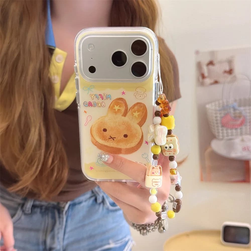 Funny Miffy Rabbit Bread Kawaii Phone Case for iPhone 16 Pro 17 13 14 17 Pro 15 Pro Max Cover with Chain Fundas Shockproof Cover