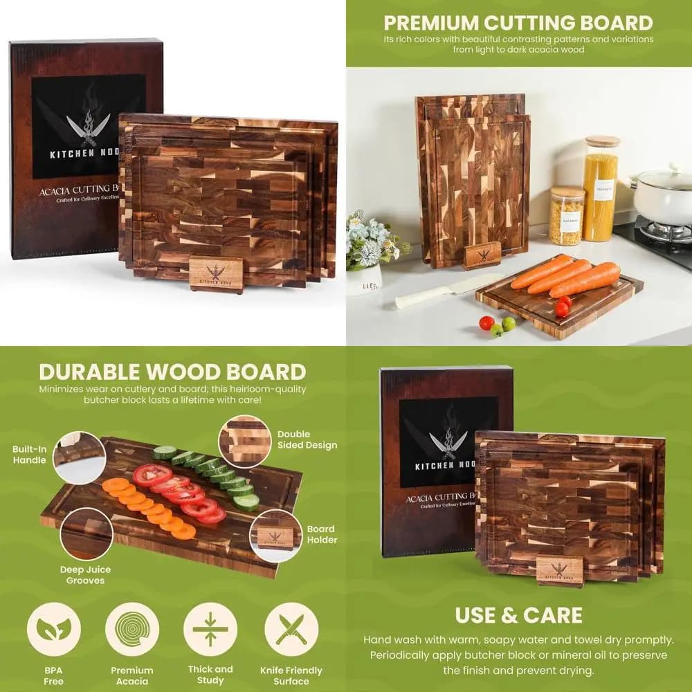 3 piece acacia wood cutting set with support, safe for knives, on both sides, handles and grooves for juices | 13, 15, 17 ecological kit