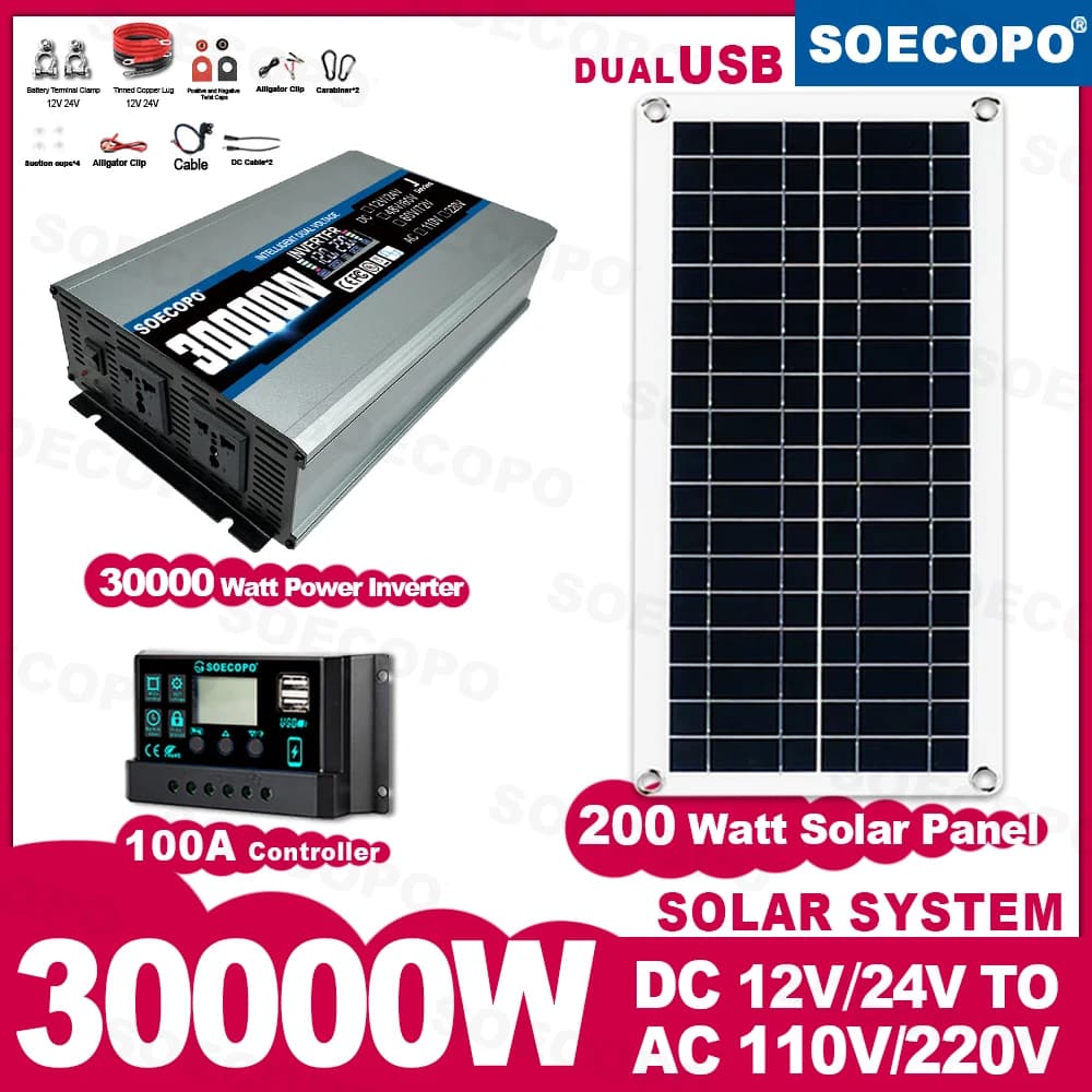 SOECOPO Kit sistema solare da 30000 W Pannello inverter da 200 W (2 prese) Ingresso doppia tensione da 12 V/24 V a 110 V/220 V 100 A Controller da campeggio