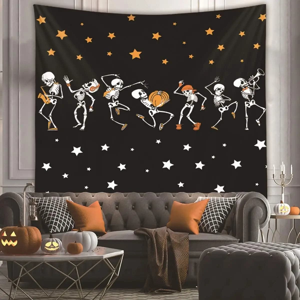 Halloween Dancing Skeletons Tapestry, Starry Night Skull Band Wall Hanging for Bedroom Living Room, Spooky Party Holiday Home