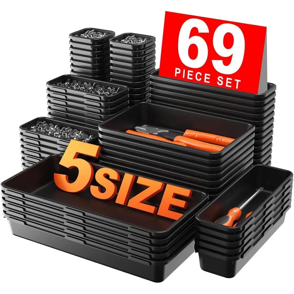 More Larger Size 69 PCS-5 Size Tool Box Organizer Tray Divider Set Black Desk Organizer Bin, Garage Organization and Storage Too