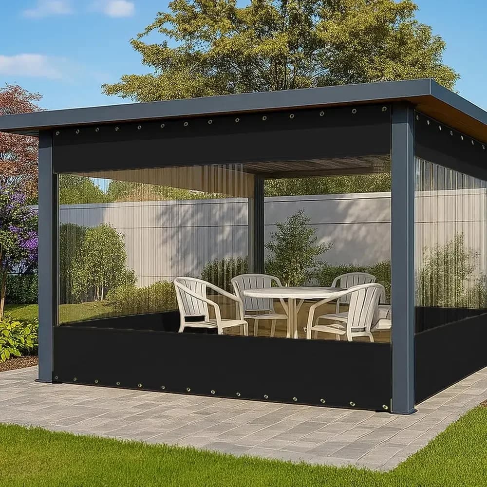 Outdoor Clear Vinyl Curtains, 18 oz, 10x15 ft, Black, for Gazebos, Pergolas, and Porch Walls