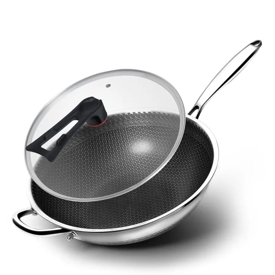Stainless Steel Wok Plate with Coperchio, 12,6 Inch, Hybrid Anti-Factor for Jumping in Padella, Piatto Bottom, Without PFOA, Compatible with Induction