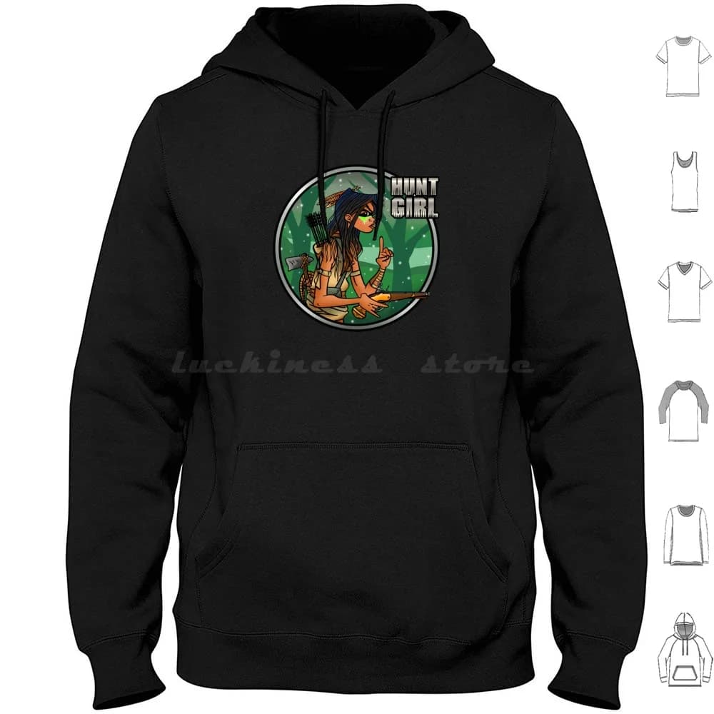 Felpe con cappuccio Hunt Girl a maniche lunghe Cultura pop Mashup Caccia Sport Scifi Retro Vintage Indiano Divertimento Impressionante Famiglia fantastica