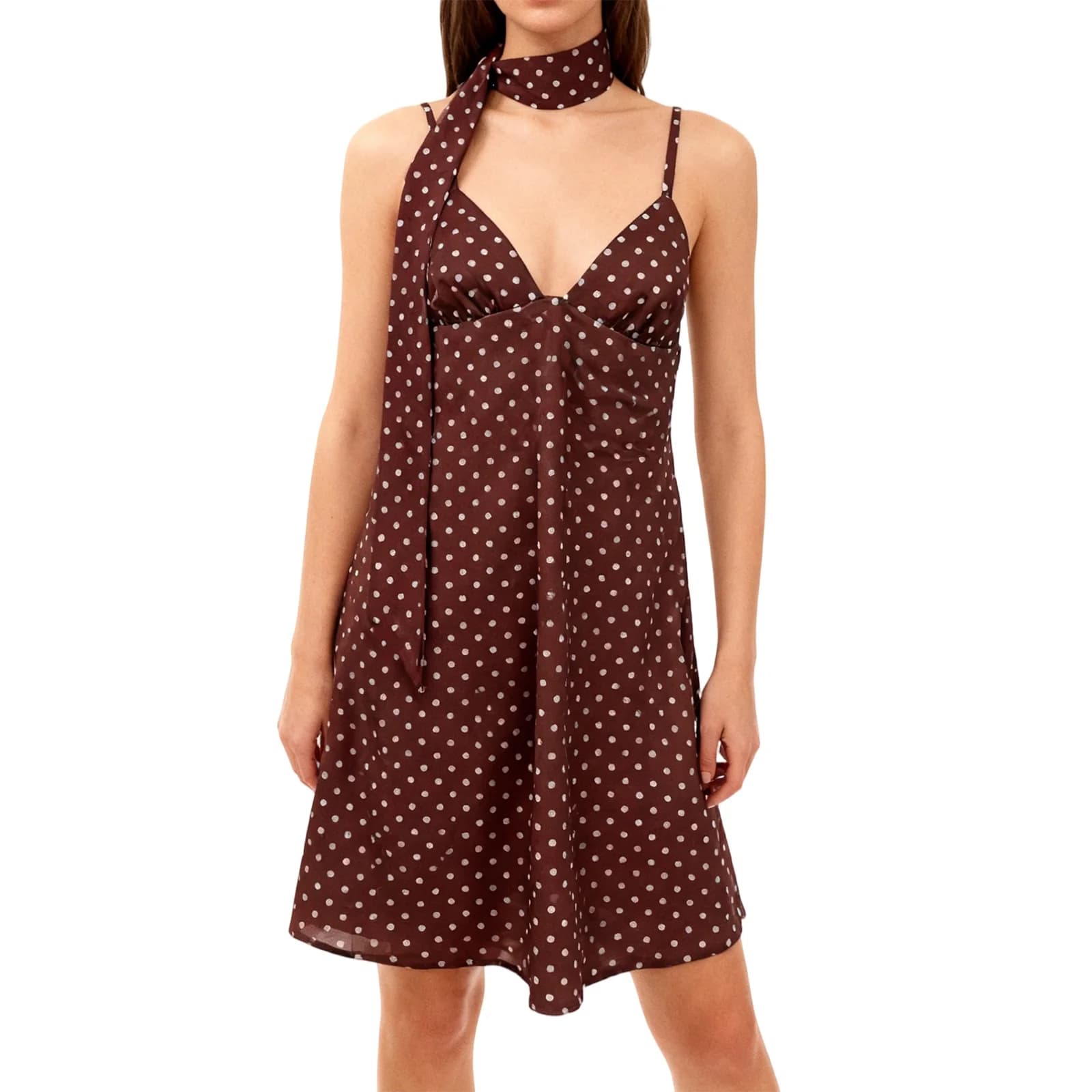 Women's mini dress with slim shoulder straps, elegant, with polka dot print, without back, with V neckline, with scarf
